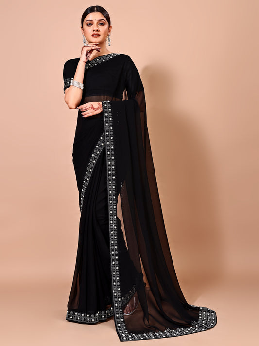 Leelavati Embroidered, Embellished Bollywood Georgette Saree (Black)