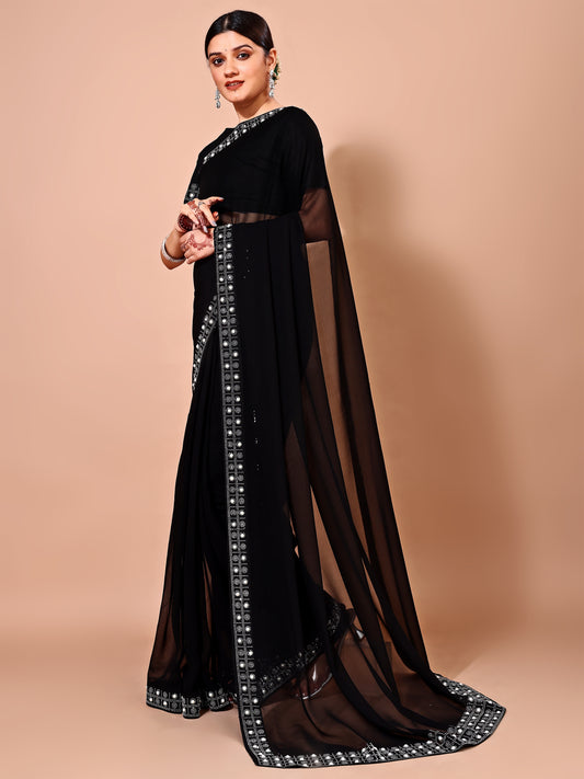 Leelavati Embroidered, Embellished Bollywood Georgette Saree (Black)