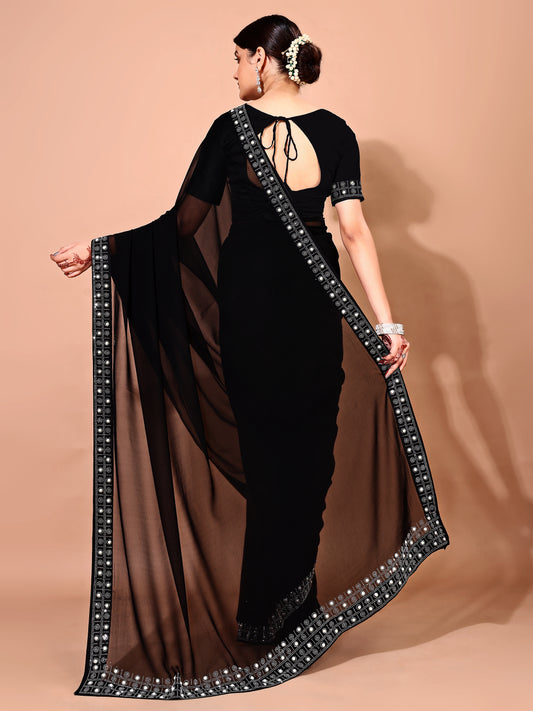 Leelavati Embroidered, Embellished Bollywood Georgette Saree (Black)