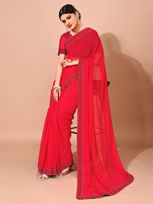 Leelavati Embellished Bollywood Chiffon Saree (Red)