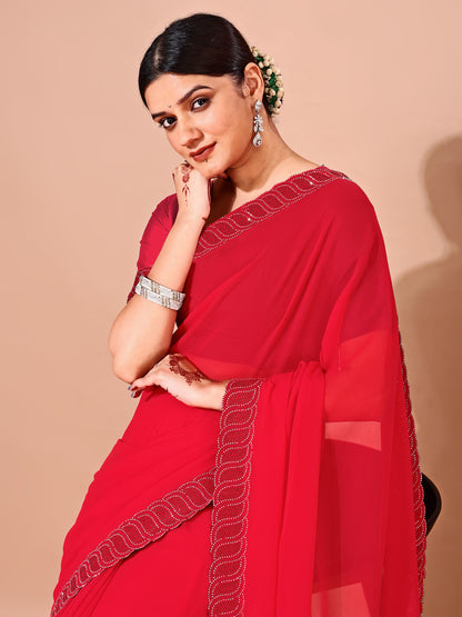 Leelavati Embellished Bollywood Chiffon Saree (Red)