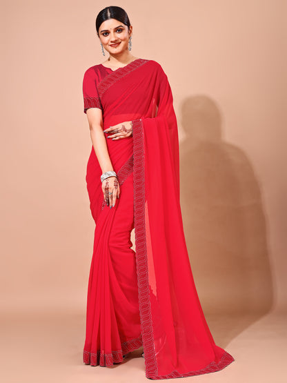 Leelavati Embellished Bollywood Chiffon Saree (Red)