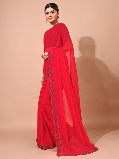 Leelavati Embellished Bollywood Chiffon Saree (Red)