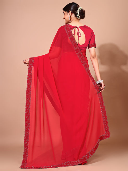 Leelavati Embellished Bollywood Chiffon Saree (Red)