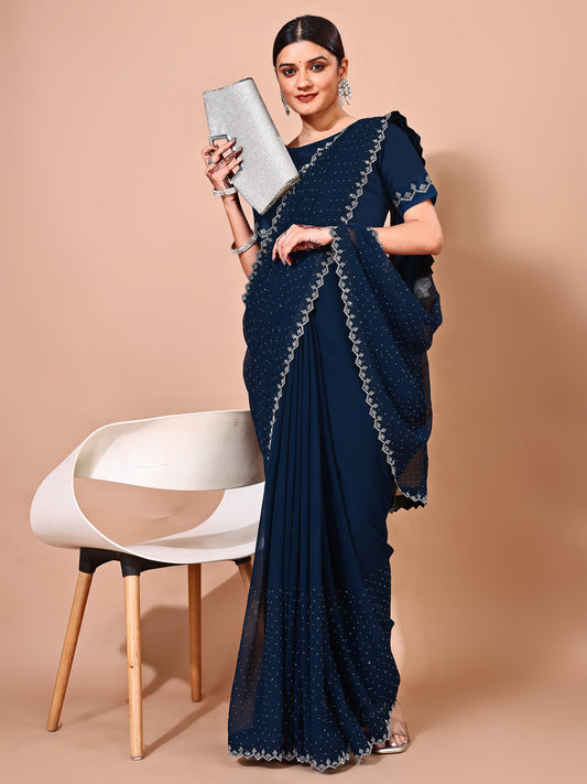 Leelavati Embellished Bollywood Chiffon Saree (Dark Blue)