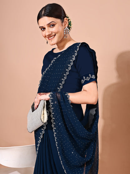 Leelavati Embellished Bollywood Chiffon Saree (Dark Blue)