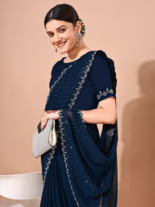 Leelavati Embellished Bollywood Chiffon Saree (Dark Blue)
