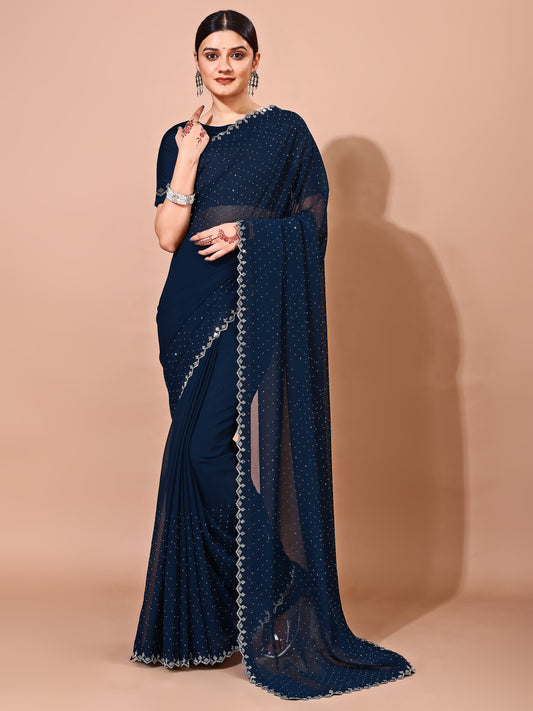 Leelavati Embellished Bollywood Chiffon Saree (Dark Blue)