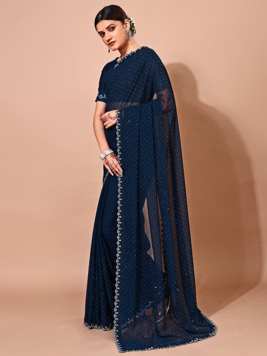Leelavati Embellished Bollywood Chiffon Saree (Dark Blue)