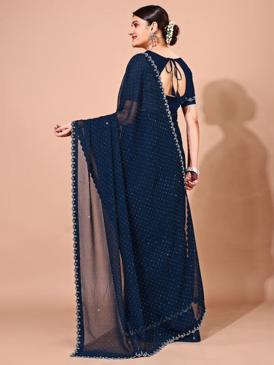 Leelavati Embellished Bollywood Chiffon Saree (Dark Blue)