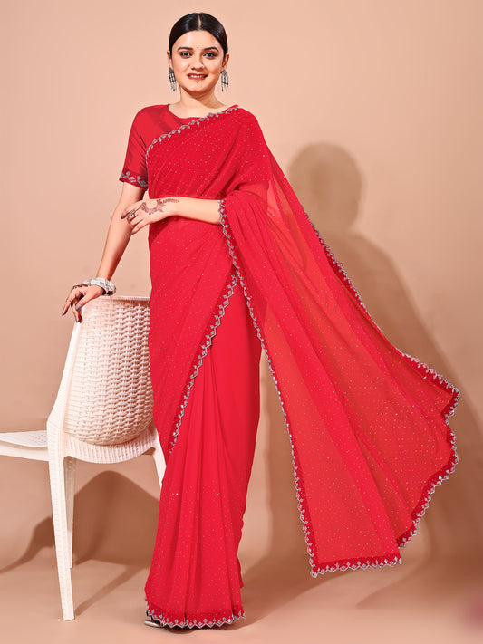 Leelavati Embellished Bollywood Chiffon Saree (Red)