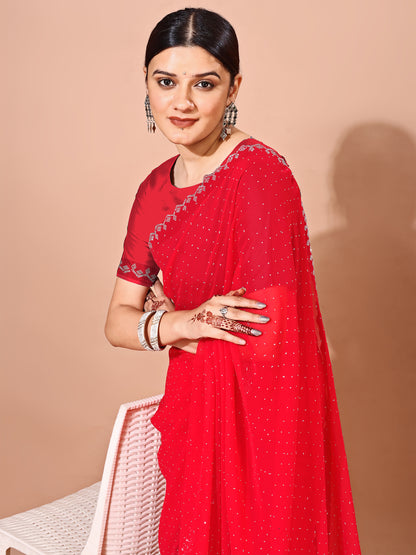 Leelavati Embellished Bollywood Chiffon Saree (Red)