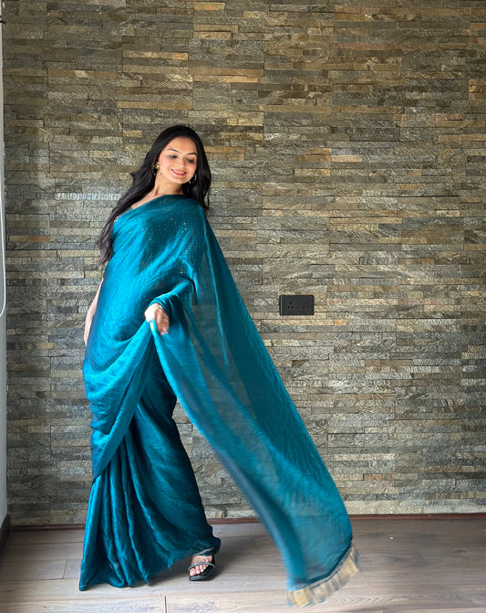 Leelavati Embroidered, Embellished Bollywood Organza Saree (Blue)