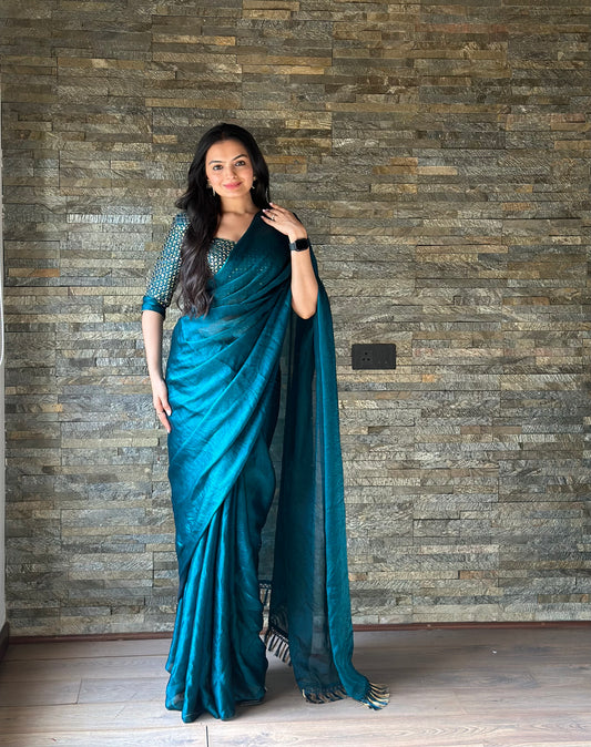 Leelavati Embroidered, Embellished Bollywood Organza Saree (Blue)