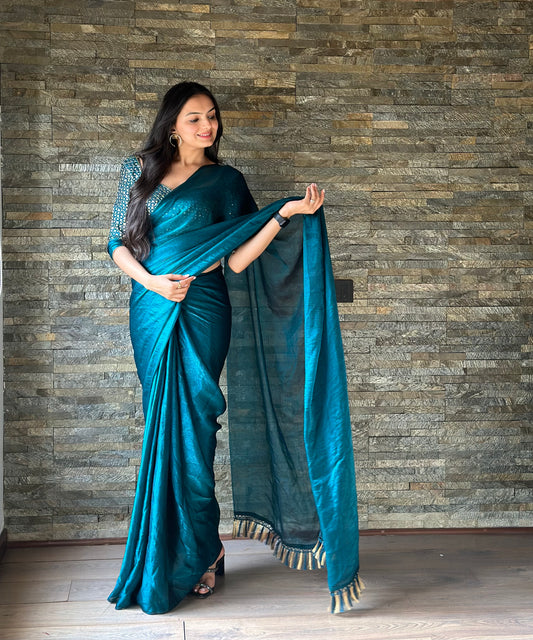 Leelavati Embroidered, Embellished Bollywood Organza Saree (Blue)