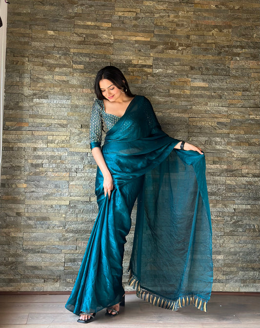 Leelavati Embroidered, Embellished Bollywood Organza Saree (Blue)