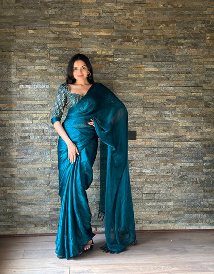 Leelavati Embroidered, Embellished Bollywood Organza Saree (Blue)