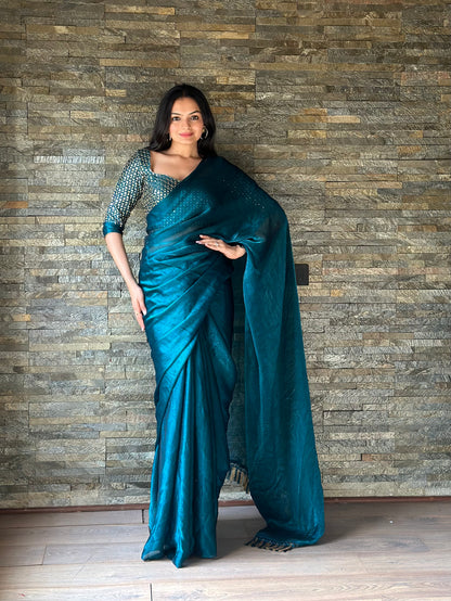 Leelavati Embroidered, Embellished Bollywood Organza Saree (Blue)