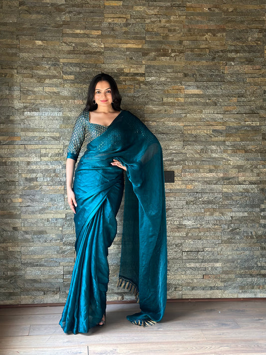 Leelavati Embroidered, Embellished Bollywood Organza Saree (Blue)