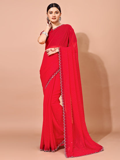 Leelavati Embellished Bollywood Chiffon Saree (Red)
