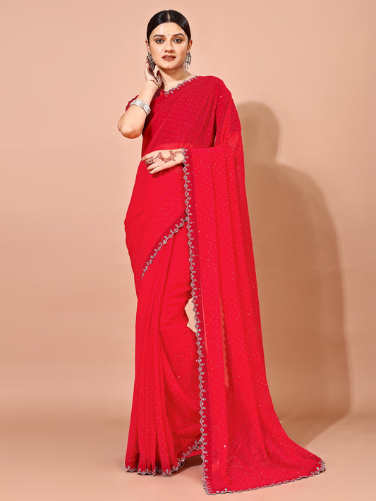 Leelavati Embellished Bollywood Chiffon Saree (Red)