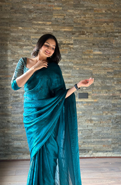 Leelavati Embroidered, Embellished Bollywood Organza Saree (Blue)