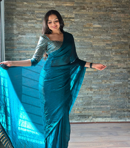 Leelavati Embroidered, Embellished Bollywood Organza Saree (Blue)