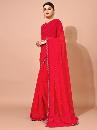 Leelavati Embellished Bollywood Chiffon Saree (Red)