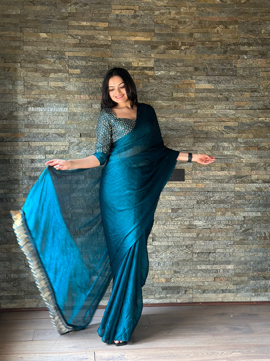 Leelavati Embroidered, Embellished Bollywood Organza Saree (Blue)