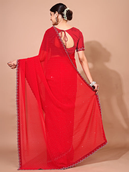 Leelavati Embellished Bollywood Chiffon Saree (Red)
