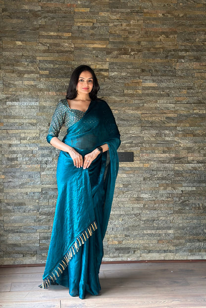 Leelavati Embroidered, Embellished Bollywood Organza Saree (Blue)