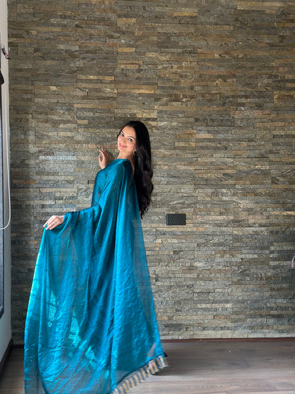 Leelavati Embroidered, Embellished Bollywood Organza Saree (Blue)