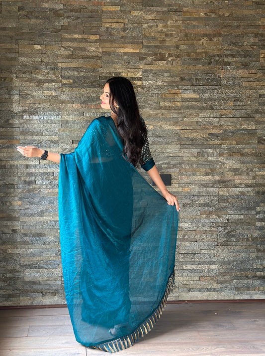 Leelavati Embroidered, Embellished Bollywood Organza Saree (Blue)