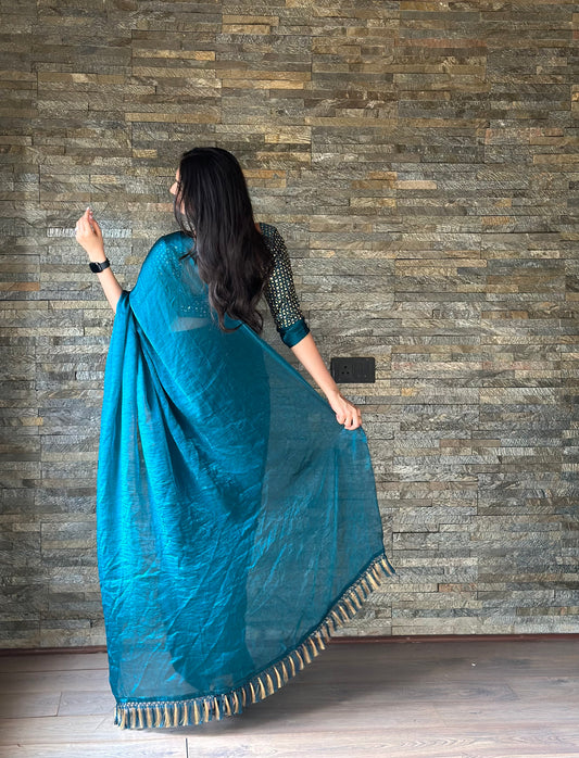 Leelavati Embroidered, Embellished Bollywood Organza Saree (Blue)