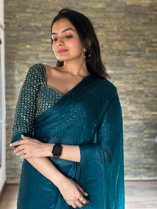 Leelavati Embroidered, Embellished Bollywood Organza Saree (Blue)