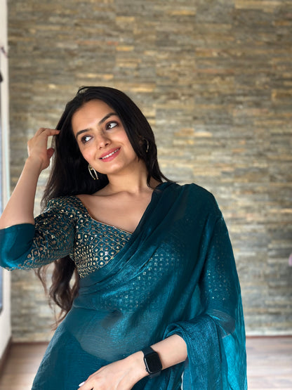 Leelavati Embroidered, Embellished Bollywood Organza Saree (Blue)