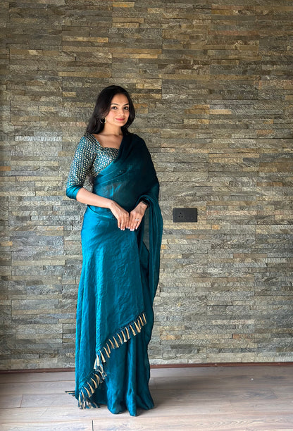 Leelavati Embroidered, Embellished Bollywood Organza Saree (Blue)