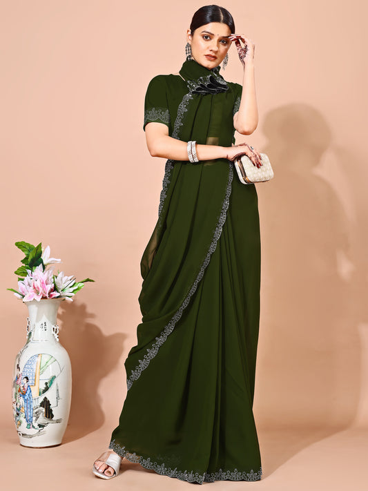 Leelavati Embellished Bollywood Chiffon Saree (Dark Green)