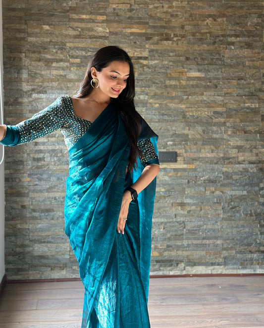 Leelavati Embroidered, Embellished Bollywood Organza Saree (Blue)