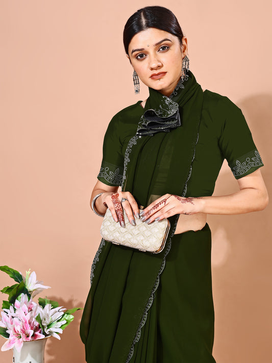 Leelavati Embellished Bollywood Chiffon Saree (Dark Green)