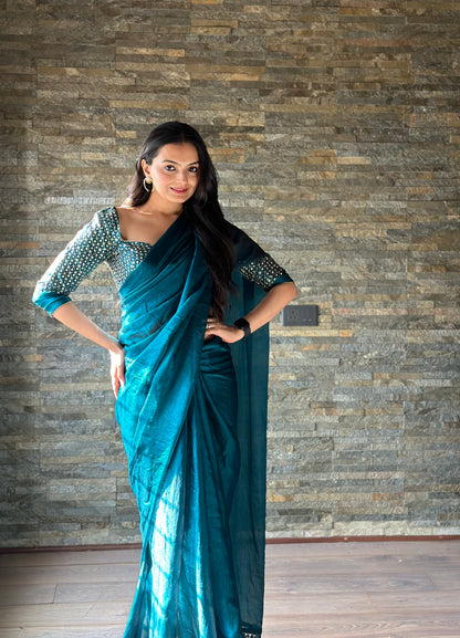 Leelavati Embroidered, Embellished Bollywood Organza Saree (Blue)