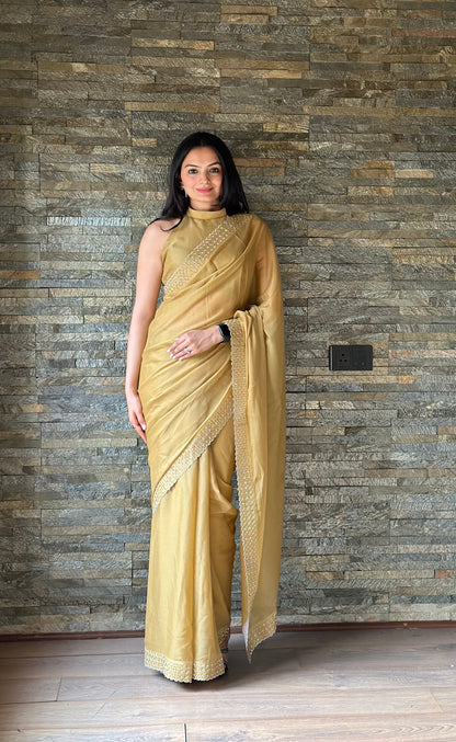 Leelavati Embroidered, Embellished Bollywood Georgette Saree (Cream)