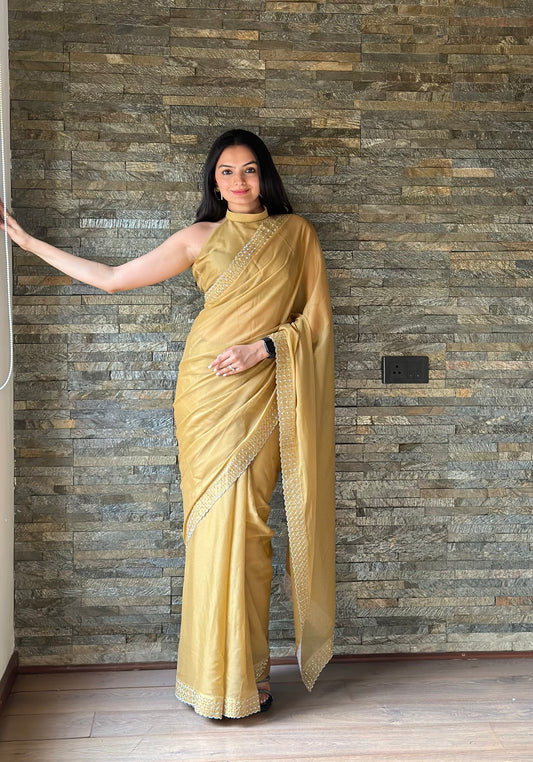 Leelavati Embroidered, Embellished Bollywood Georgette Saree (Cream)