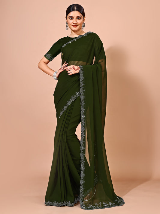 Leelavati Embellished Bollywood Chiffon Saree (Dark Green)