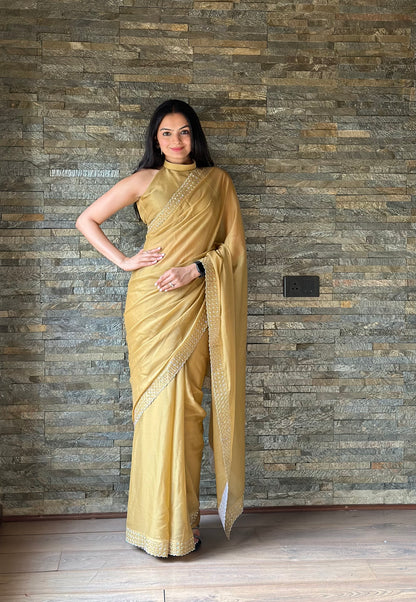 Leelavati Embroidered, Embellished Bollywood Georgette Saree (Cream)