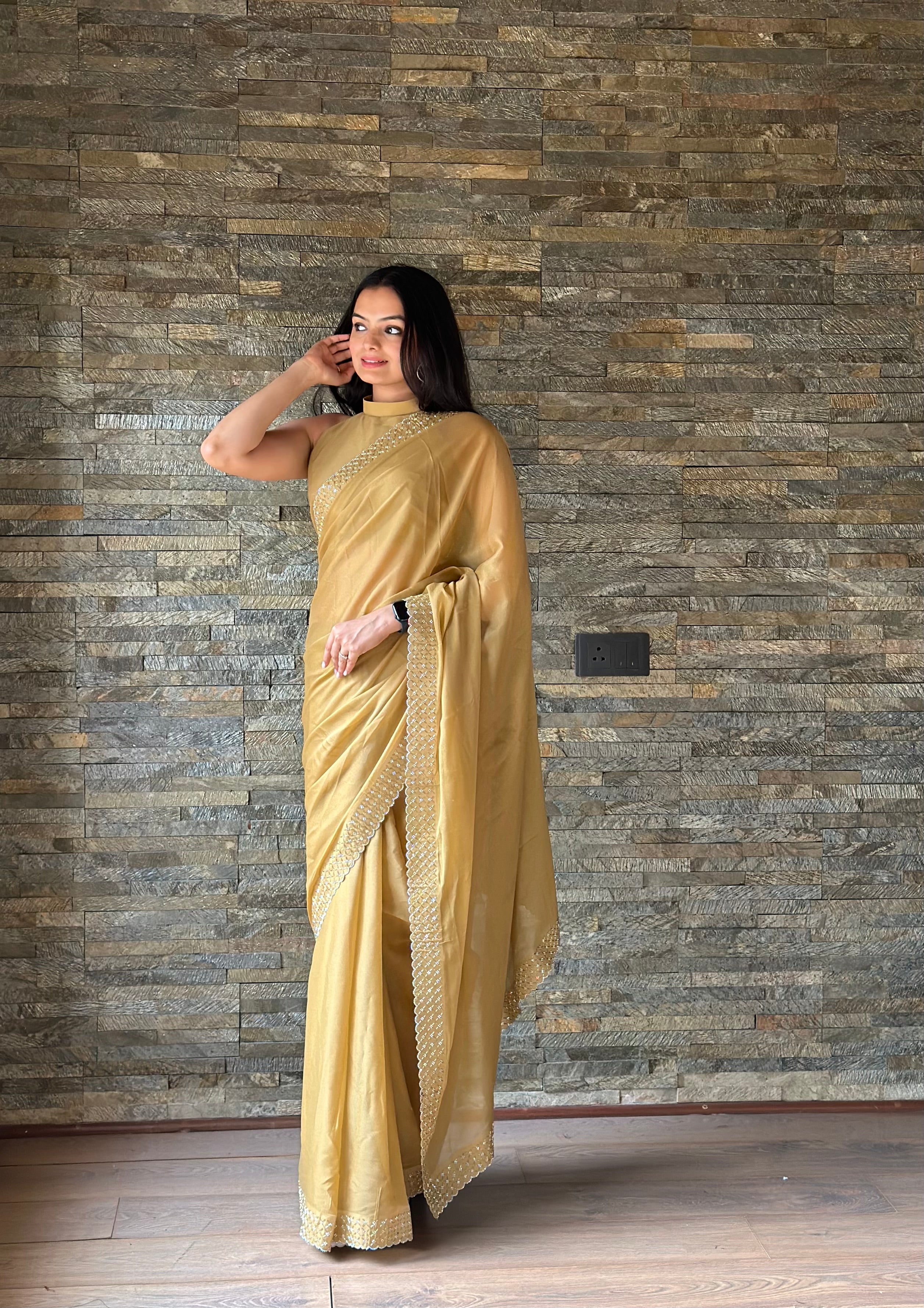 Leelavati Embroidered, Embellished Bollywood Georgette Saree (Cream)
