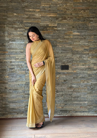 Leelavati Embroidered, Embellished Bollywood Georgette Saree (Cream)