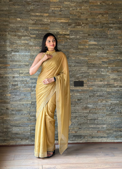 Leelavati Embroidered, Embellished Bollywood Georgette Saree (Cream)