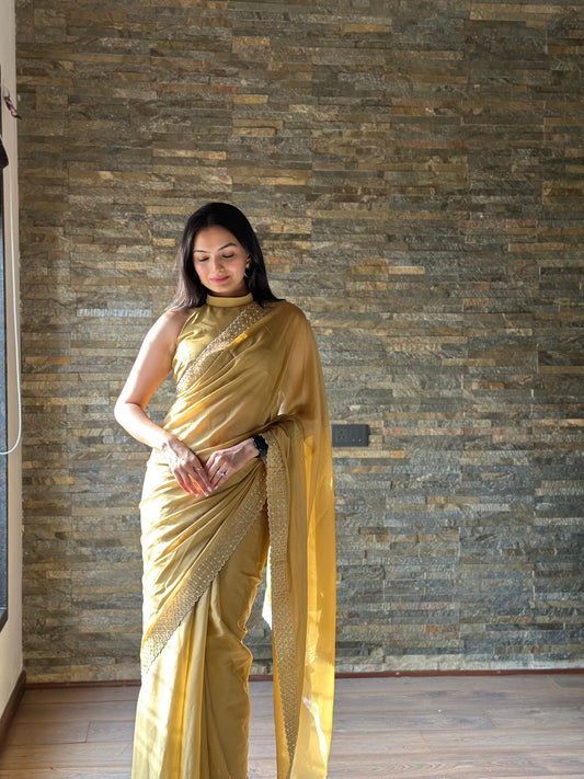 Leelavati Embroidered, Embellished Bollywood Georgette Saree (Cream)