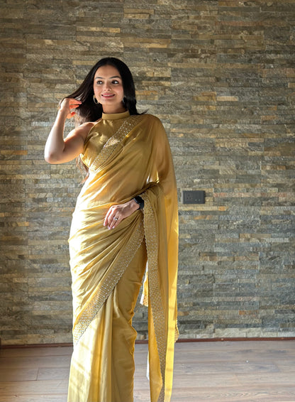 Leelavati Embroidered, Embellished Bollywood Georgette Saree (Cream)